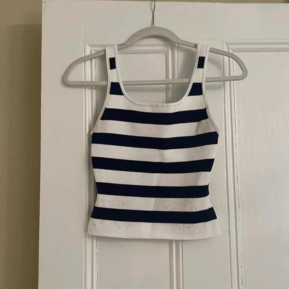 Blue and white stripe knit tank top